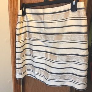 J-Crew skirt with navy blue and gold stripes.
